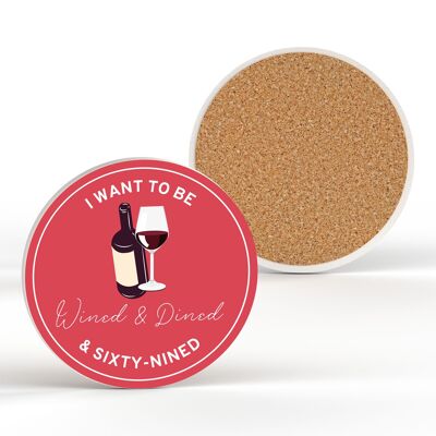 P7692 - Wined Dined Sixty Nined Humour Themed Funny Ceramic Coaster Secret Santa Gift Idea