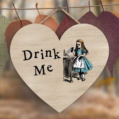 P7762 - Drink Me Alice In Wonderland Themed Illustration On Heart Shaped Plaque