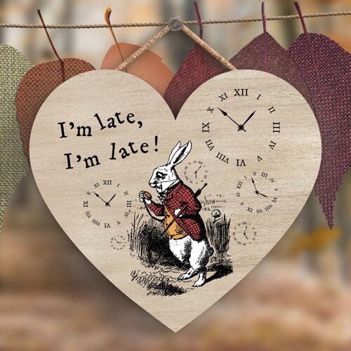 P7764 - Im Late Alice In Wonderland Themed Illustration On Heart Shaped Plaque