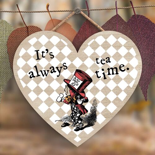 P7765 - Always Tea Time Alice In Wonderland Themed Illustration On Heart Shaped Plaque