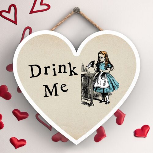 P7768 - Drink Me Alice In Wonderland Themed Illustration On Heart Shaped Plaque
