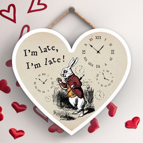 P7770 - Im Late Alice In Wonderland Themed Illustration On Heart Shaped Plaque