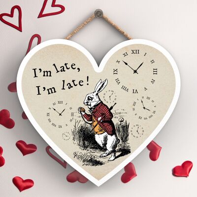 P7770 - Im Late Alice In Wonderland Themed Illustration On Heart Shaped Plaque