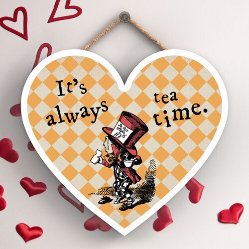 P7771 - Always Tea Time Alice In Wonderland Themed Illustration On Heart Shaped Plaque