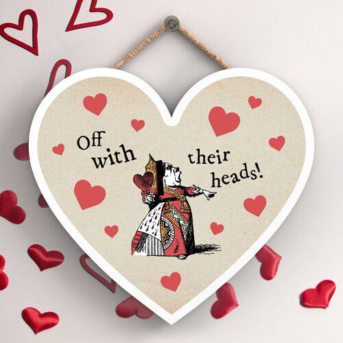 P7772 - Off With Their Heads Alice In Wonderland Themed Illustration On Heart Shaped Plaque