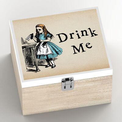 P7774 - Drink Me Alice Nel Paese Delle Meraviglie Illustrazione A Tema Su Scatola Di Legno