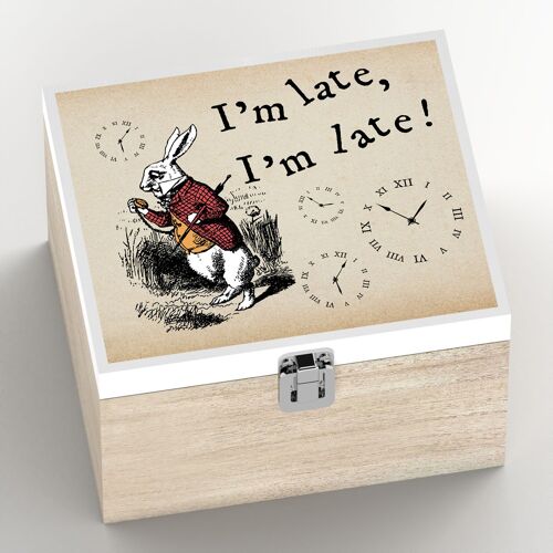 P7775 - Im Late Alice In Wonderland Themed Illustration On Wooden Box