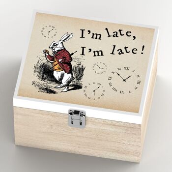 P7775 - Je suis en retard sur le thème d'Alice au pays des merveilles sur une boîte en bois 4
