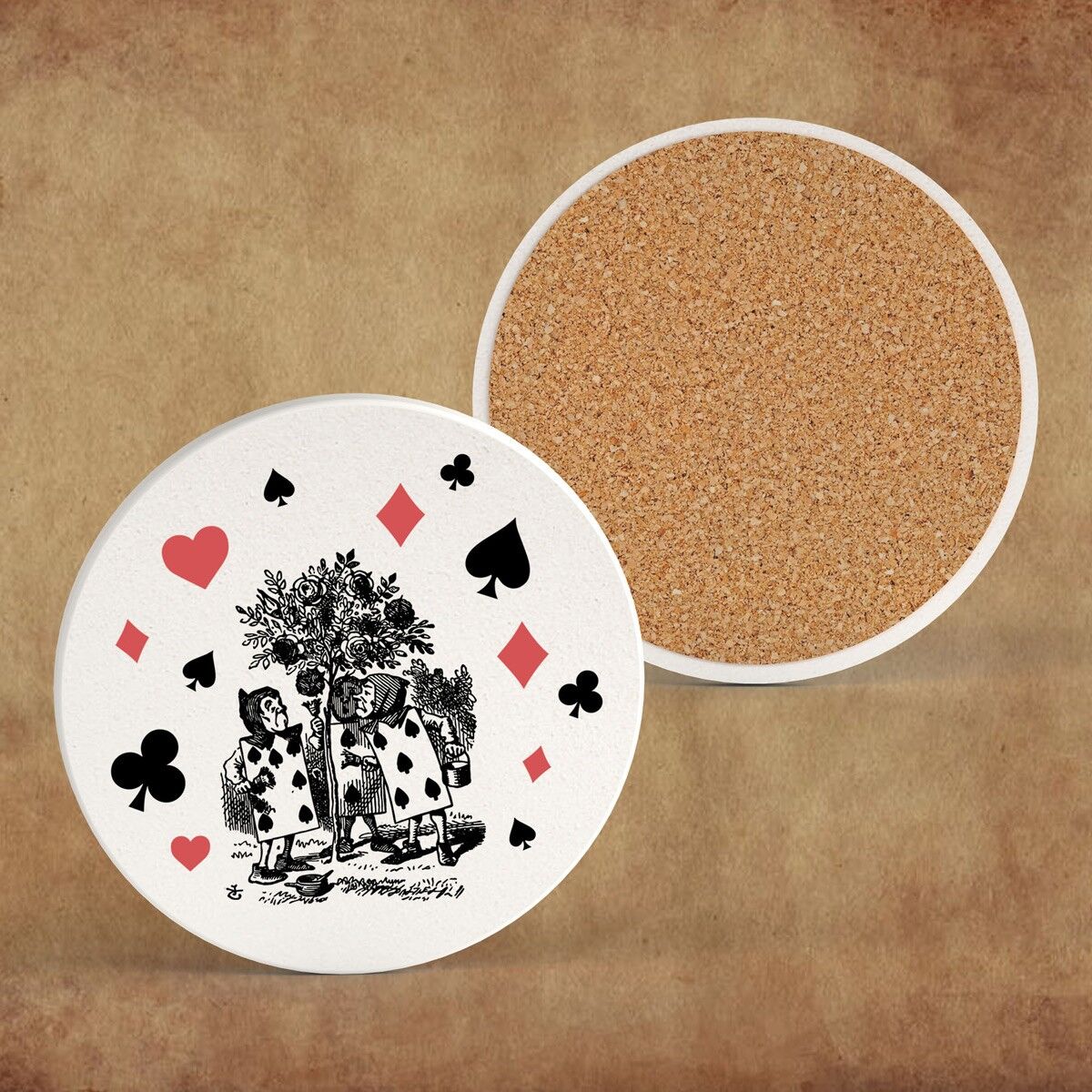 P7820 - Pittura Rose Alice Nel Paese Delle Meraviglie Illustrazione A Tema Sul Sottobicchiere In Ceramica