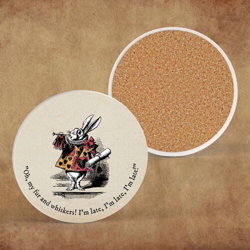 P7833 - Im Late White Rabbit Alice In Wonderland Themed Illustration On Ceramic Coaster