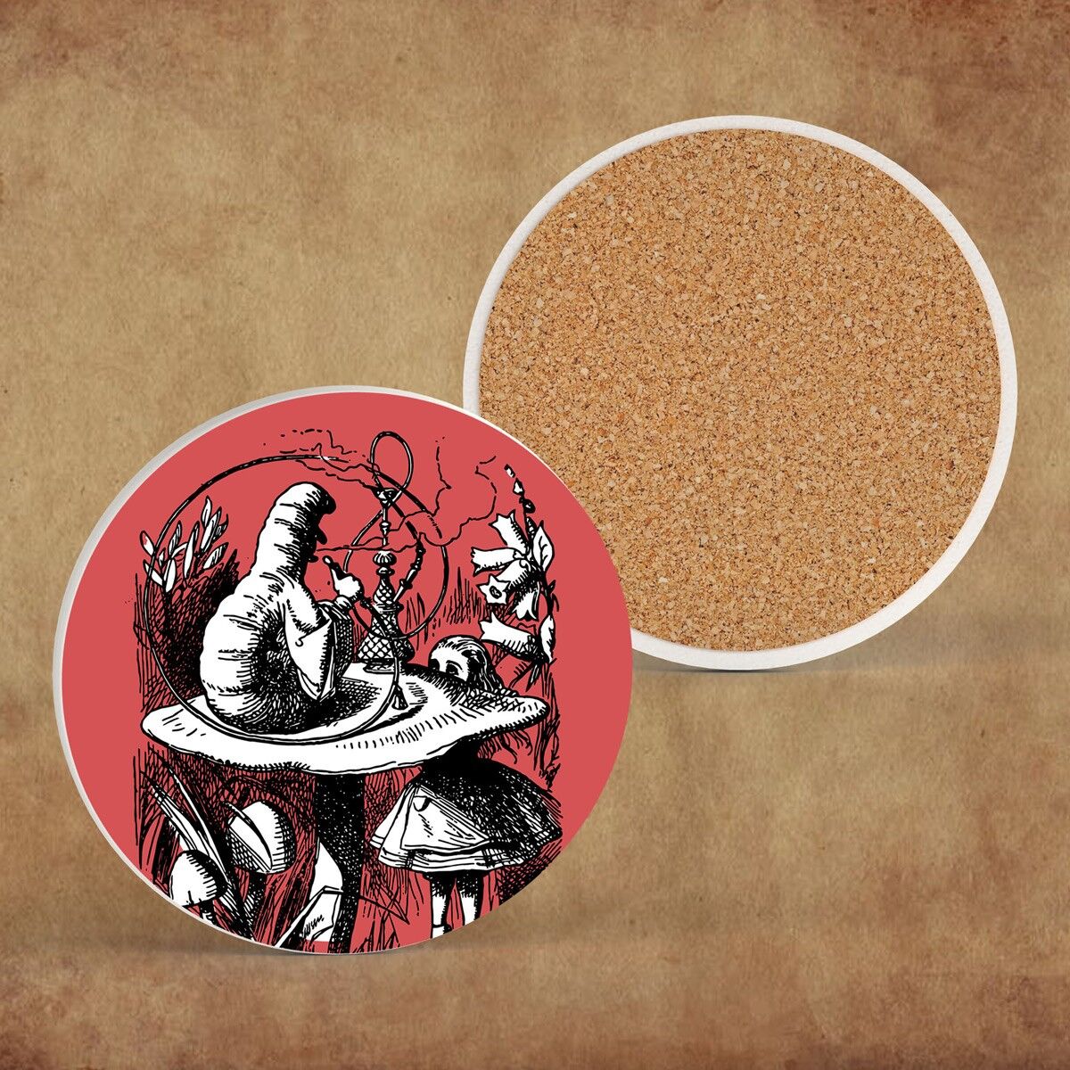 P7856 - Caterpillar Alice Nel Paese Delle Meraviglie Illustrazione A Tema Sul Sottobicchiere In Ceramica