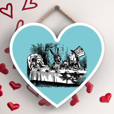 P7862 - Tea Party Alice In Wonderland Themed Illustration On Heart Shaped Plaque