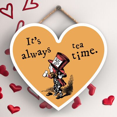 P7864 - Always Tea Time Alice In Wonderland Themed Illustration On Heart Shaped Plaque