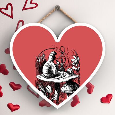 P7866 - Caterpillar Alice In Wonderland Themed Illustration On Heart Shaped Plaque