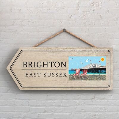 P7878 - Brighton Works Of K Pearson Seaside Town Illustration Wooden Arrow Hanging Plaque