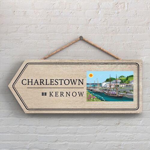 P7880 - Charlestown Works Of K Pearson Seaside Town Illustration Wooden Arrow Hanging Plaque