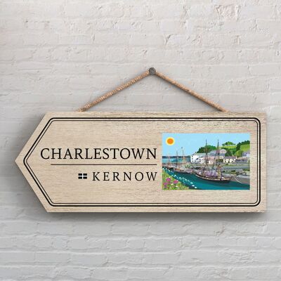 P7880 - Charlestown Works Of K Pearson Seaside Town Illustration Wooden Arrow Hanging Plaque