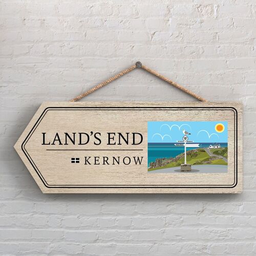 P7885 - Lands End Works Of K Pearson Seaside Town Illustration Wooden Arrow Hanging Plaque