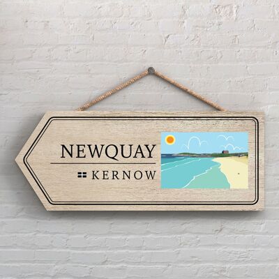 P7886 - Newquay Works Of K Pearson Seaside Town Illustration Wooden Arrow Hanging Plaque