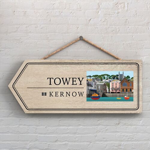 P7890 - Towey Works Of K Pearson Seaside Town Illustration Wooden Arrow Hanging Plaque