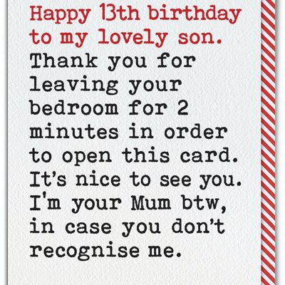 Funny Son 13th Birthday Card - Leaving Bedroom from Single Mum