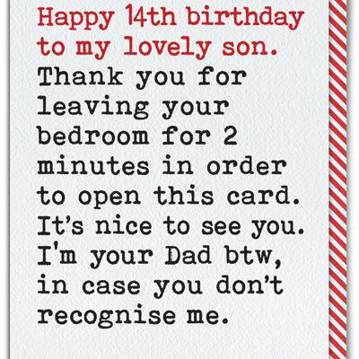 Funny Son 14th Birthday Card - Leaving Bedroom From Single Dad