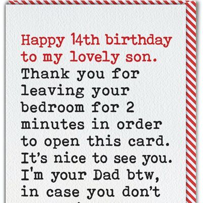 Funny Son 14th Birthday Card - Leaving Bedroom From Single Dad