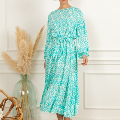 Printed belted dress with puff sleeves, invisible pockets