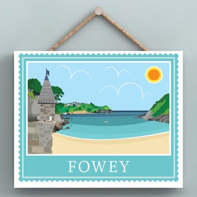 P7939 - Fowey Works Of K Pearson Seaside Town Illustration Placa colgante de madera