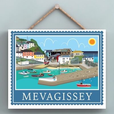 P7942 - Mevagissey Opere di K Pearson Seaside Town Illustrazione Targa da appendere in legno