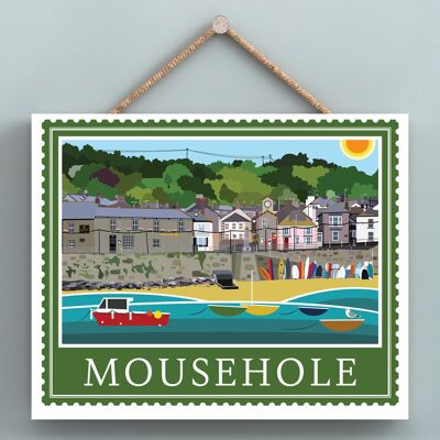 P7945 - Mousehole Opere di K Pearson Seaside Town Illustrazione Targa da appendere in legno
