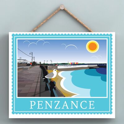 P7950 - Penzance Works Of K Pearson Seaside Town Illustration Placa colgante de madera