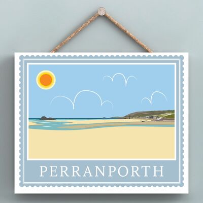 P7951 - Perranporth Opere di K Pearson Seaside Town Illustrazione Targa da appendere in legno