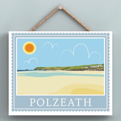 P7954 - Polzeath Works Of K Pearson Seaside Town Illustration Plaque à suspendre en bois