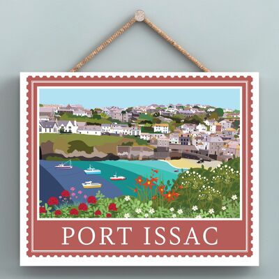 P7955 - Port Issac Opere di K Pearson Seaside Town Illustrazione Targa da appendere in legno