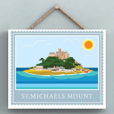 P7962 - St Michaels Mount Works Of K Pearson Seaside Town Illustration Wooden Hanging Plaque