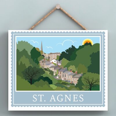 P7963 - St Agnes Works Of K Pearson Seaside Town Illustration Placa colgante de madera