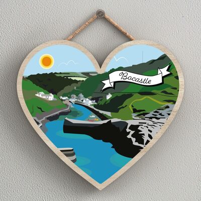 P7967 - Boscastle Works Of K Pearson Seaside Town Illustration Heart Hanging Plaque