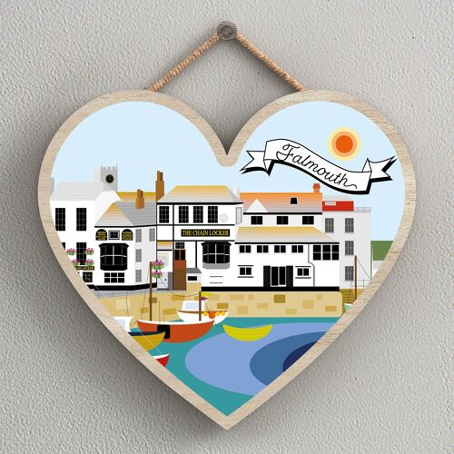 P7973 - Falmouth Works Of K Pearson Seaside Town Illustration Heart Hanging Plaque