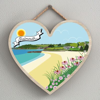 P7974 - Falmouth Works Of K Pearson Seaside Town Illustration Heart Hanging Plaque