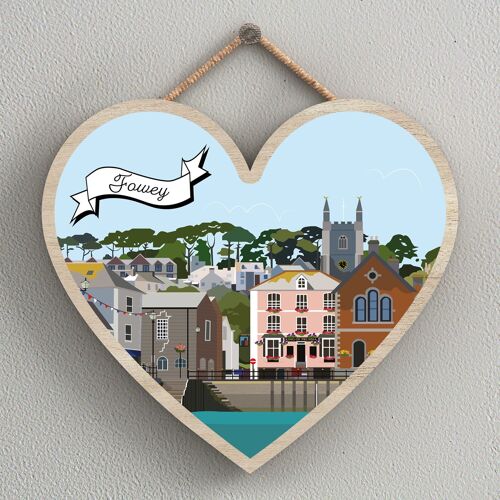 P7975 - Fowey Works Of K Pearson Seaside Town Illustration Heart Hanging Plaque