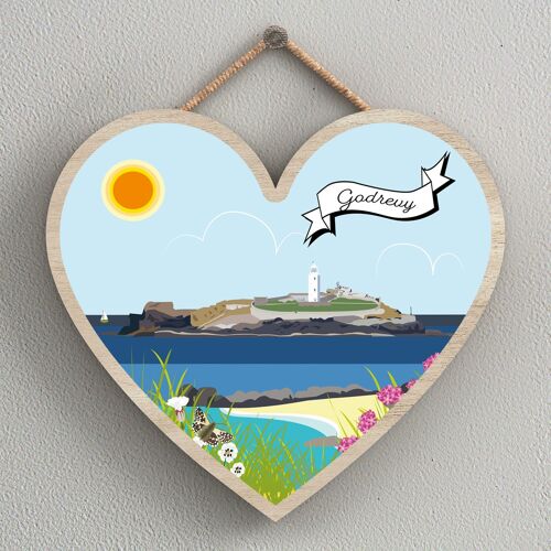 P7976 - Godrevy Works Of K Pearson Seaside Town Illustration Heart Hanging Plaque