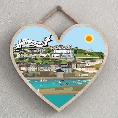 P7981 - Mevagissey Opere di K Pearson Seaside Town Illustrazione Placca da appendere al cuore