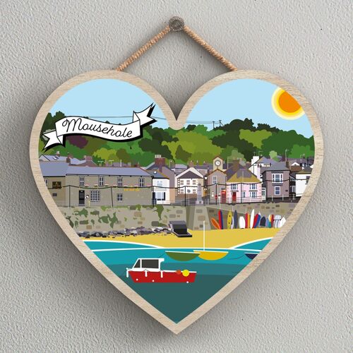 P7982 - Mousehole Works Of K Pearson Seaside Town Illustration Heart Hanging Plaque