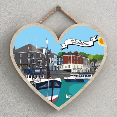 P7985 - Padstow Works Of K Pearson Seaside Town Illustration Heart Hanging Plaque