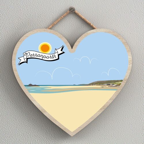 P7988 - Perranporth Works Of K Pearson Seaside Town Illustration Heart Hanging Plaque