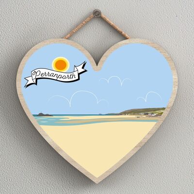 P7988 - Perranporth Works Of K Pearson Seaside Town Illustration Heart Hanging Plaque