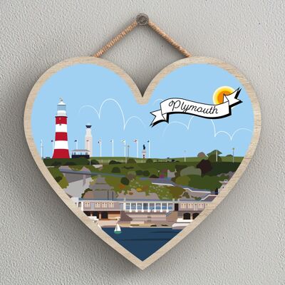 P7989 - Plymouth Works Of K Pearson Seaside Town Illustration Heart Hanging Plaque
