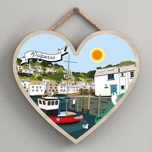 P7991 - Polperro Works Of K Pearson Seaside Town Illustration Heart Hanging Plaque