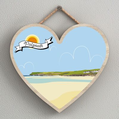 P7992 - Polzeath Works Of K Pearson Seaside Town Illustration Heart Hanging Plaque